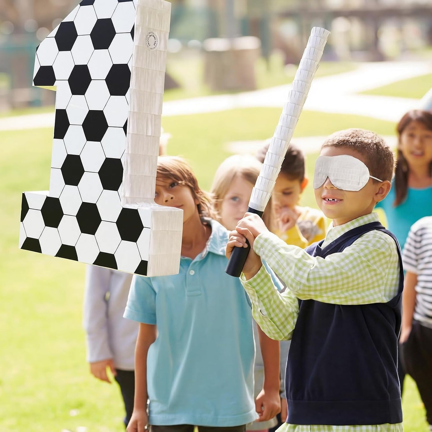 Gemscream Number 9 Soccer Piñata Bundle with Blindfold and Stick Small Piñata Party Decoration for Mexican Fiesta Cinco De Mayo School Anniversary Football Party Celebration Gift 15.75 x 11 x 2.8 in