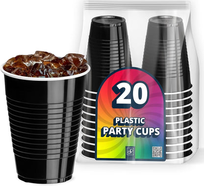 DecorRack 20 Party Cups 12 oz Disposable Plastic Cups for Birthday Party Bachelorette Camping Indoor Outdoor Events Beverage Drinking Cups (Black, 20)