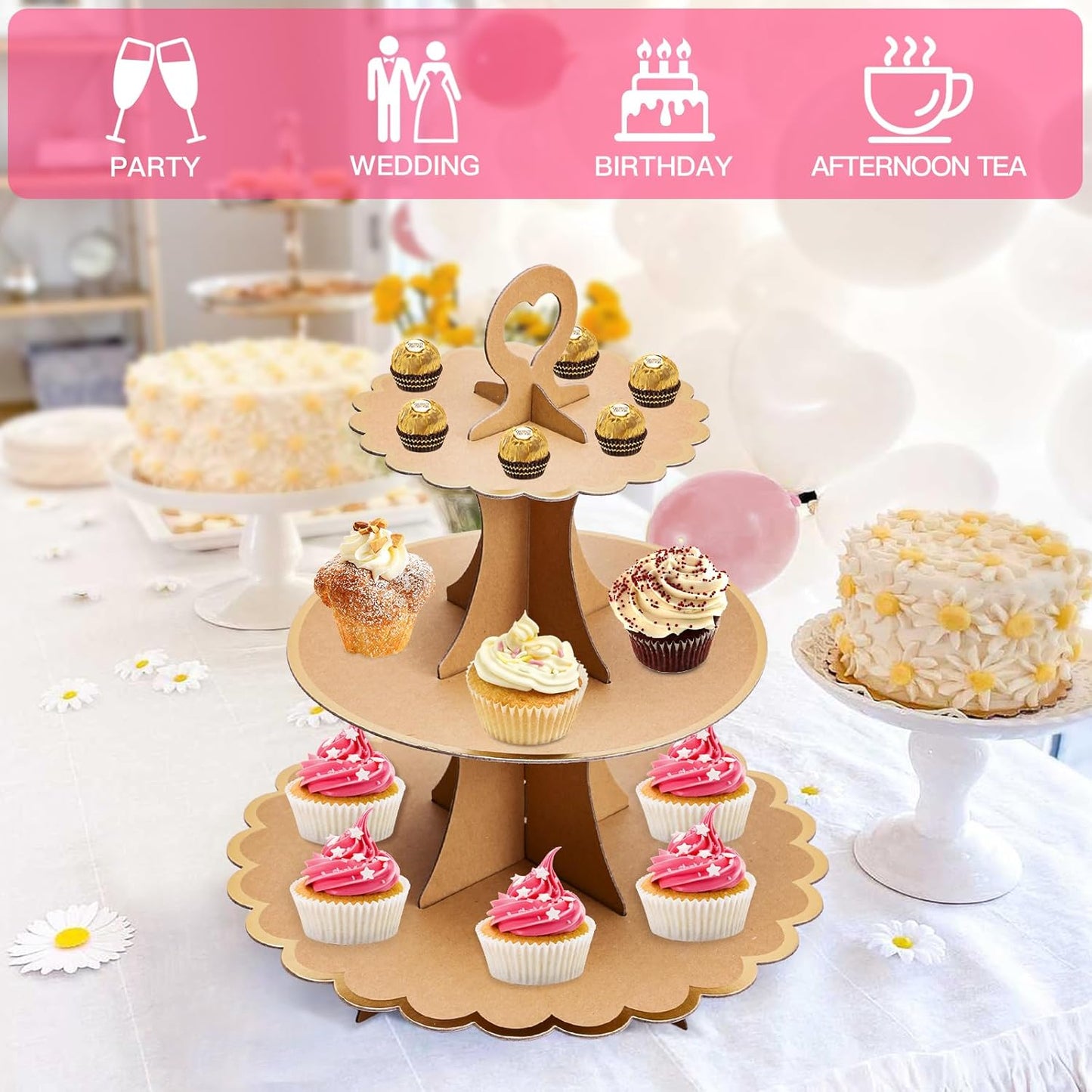 Soleebee 3-Tier Cupcake Stand, Cardboard Cupcake Tower, Cup Cake Stand Tower for Birthday Wedding Party Decoration, Cupcake Tier Stand Desserts Display 1 Set (Purple Gold)