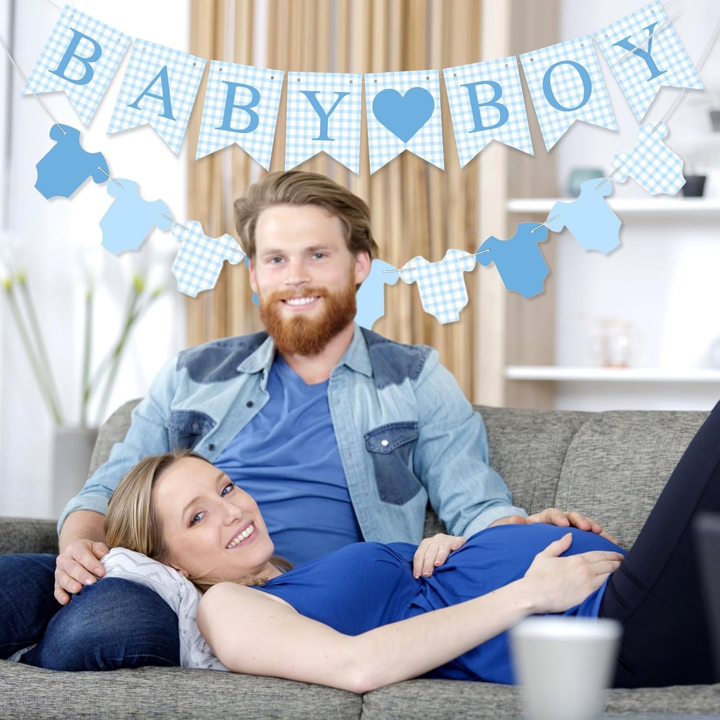 Hahafelt 1 Pcs Blue Gingham Welcome Baby Boy Banner for Baby Shower Party Decorations Pre Strung Gender Reveal Paper Banner for Table, Wall, Mantel Display Party Decor Supplies