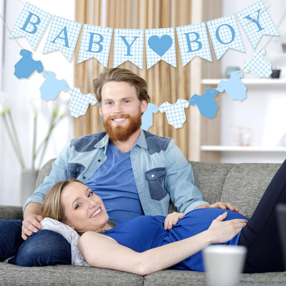 Hahafelt 1 Pcs Blue Gingham Welcome Baby Boy Banner for Baby Shower Party Decorations Pre Strung Gender Reveal Paper Banner for Table, Wall, Mantel Display Party Decor Supplies