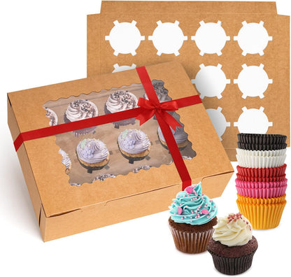 Rarapop 6 Pack Cupcake Boxes Hold 12 Standard Cupcakes, Food Grade Cupcake Holders Bakery Carrier Boxes with Windows and Inserts for Cupcakes, Muffins and Pastries