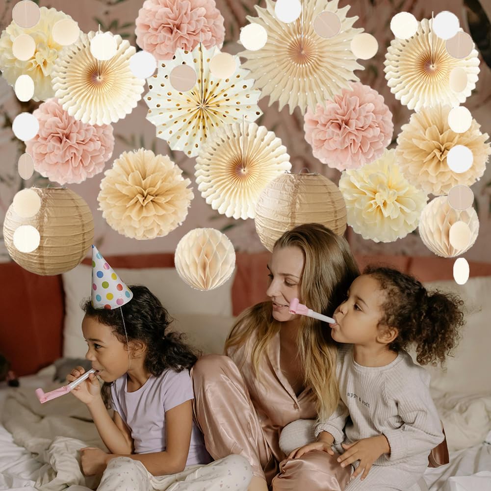 Dusty Pink Boho Party Decorations Pink and Beige Birthday Baby Shower Decorations Paper Fans Paper Pom Poms Lanterns for Women Girl Rustic Bachelorette Wedding Decor