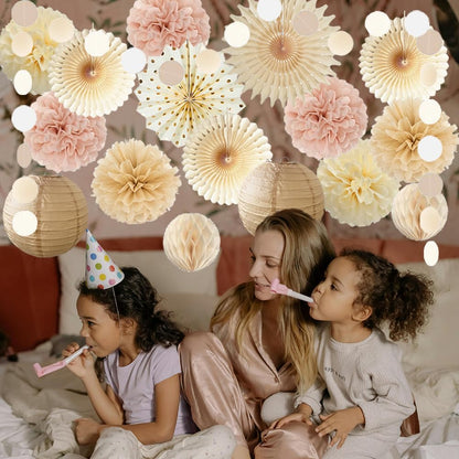 Dusty Pink Boho Party Decorations Pink and Beige Birthday Baby Shower Decorations Paper Fans Paper Pom Poms Lanterns for Women Girl Rustic Bachelorette Wedding Decor
