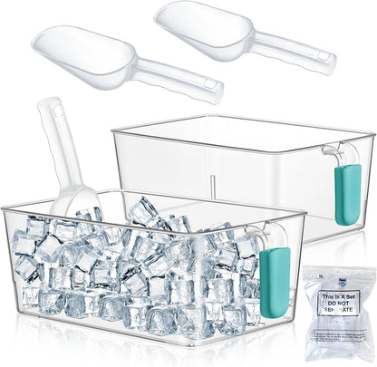 Havawish Ice Storage Bin and Flexible Scoop Set Plastic Freezer Bin with Pull Out Handle Storage Bucket Clear for Container with Scoop(Grey,10.83 x 4.92 x 4.33 in,Classic)