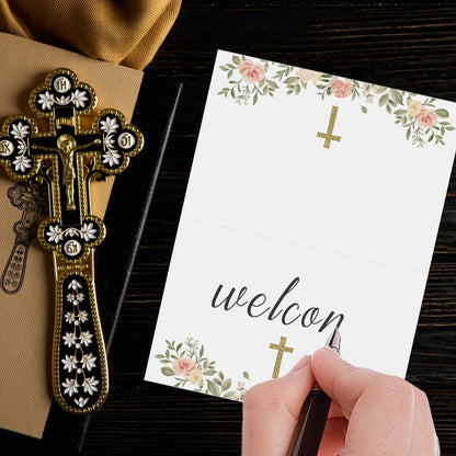 24 Pcs Baptism Place Cards, Baptism Themed Buffet Food Labels and Tent Name Cards for Newborn Baby Shower Party Table Setting Decorations Supplies (White)