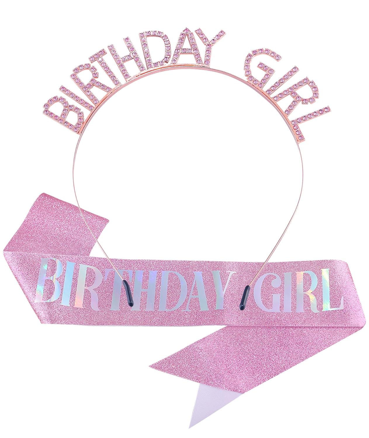 Birthday Sash and Crown Set for Women – Pink Glitter Birthday Girl Sash with Rhinestone Tiara Headband for Party Celebration Gift