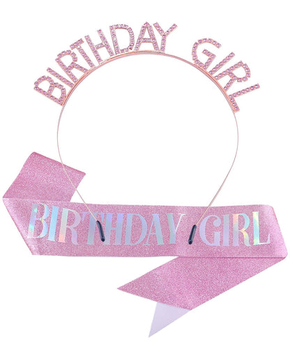 Birthday Sash and Crown Set for Women – Pink Glitter Birthday Girl Sash with Rhinestone Tiara Headband for Party Celebration Gift