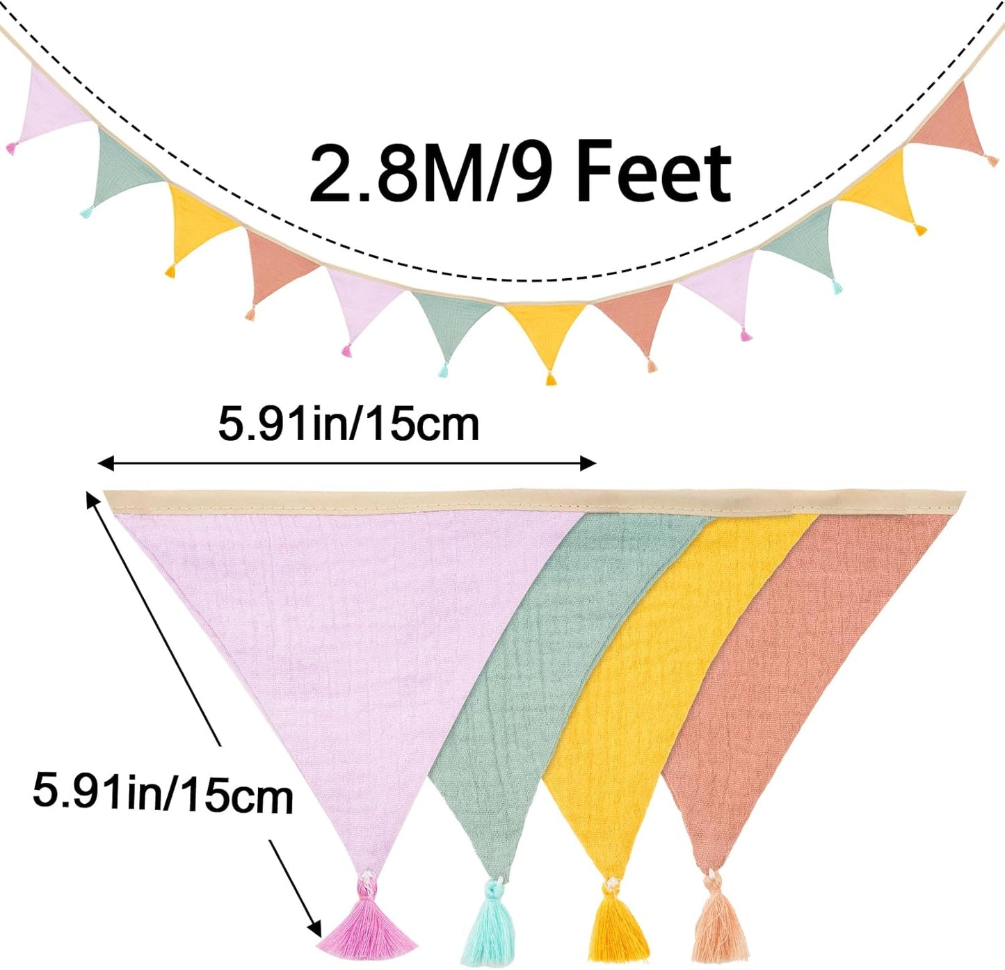 G2PLUS Cotton Fabric Bunting Banner, 9Ft Green Triangle Pennant Banner Flag, 12pcs Double-Sided Bunting Garland with Tassels for Birthday, Nursery, Baby Shower, Classroom Hanging Decor