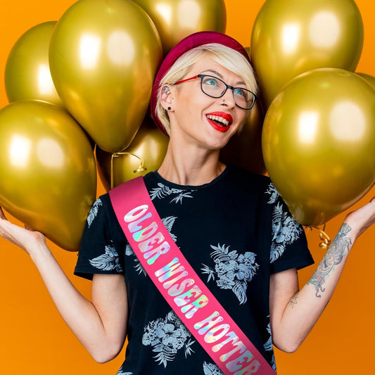 Older Wiser Hotter Sash with Iridescent Foil, Hot Pink Funny Birthday Sash for Women 30th 40th 50th 60th 70th 80th Birthday Party Decorations Sign Gift(Hot Pink + Iridescent )