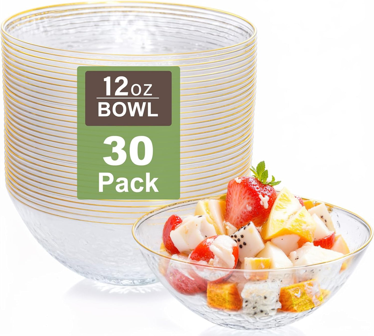 I00000 30 Pack 12 Ounce Pink Plastic Bowls Hammered Clear Bowl with Gold Rimmed, Heavy Duty Disposable Bowl Set,Elegant Salad/Dessert/Ice Cream Small Bowls for Party Weddings