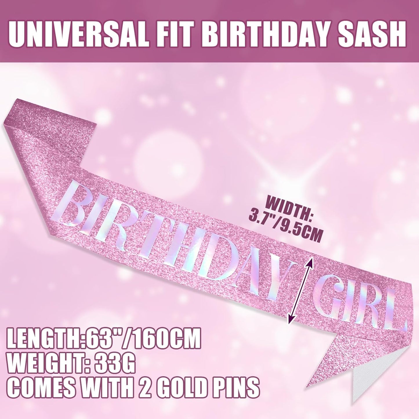 RUDONG M Birthday Girl Sash Glitter - Silver Birthday Sash for Women & Girls | Sweet 16/18th/21st/30th/40th/50th/60th/70th, All-Age Celebration Party Decor