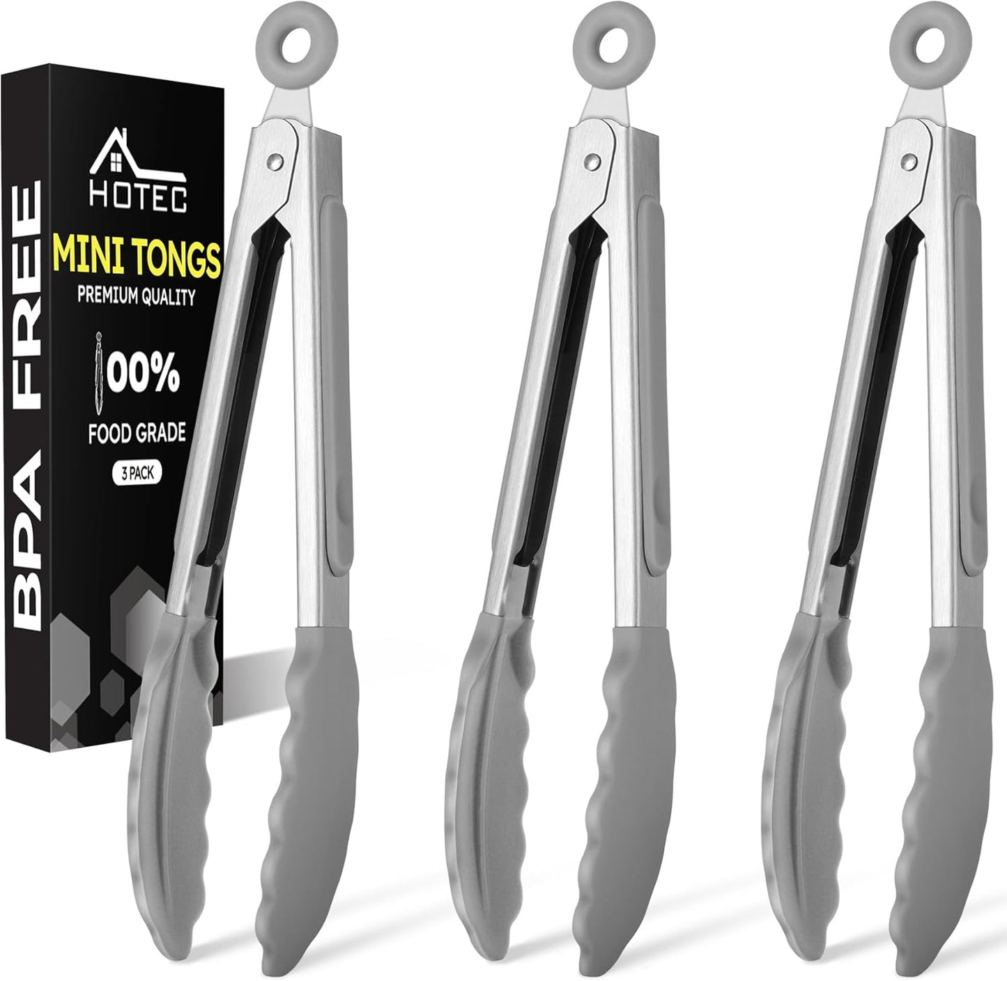 Hotec Mini Silicone Kitchen Tongs for Cooking - 7-Inch Small Serving Tongs with Silicone Tips, Set of 3 (Blue)