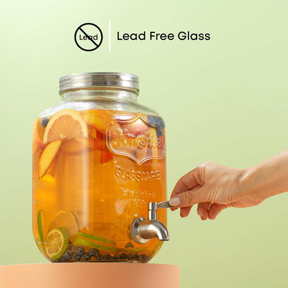 1-Gallon Drink Dispenser. Glass Beverage Dispenser with Stainless steel Spigot plus Ice Cylinder and Fruit Infuser! Water Dispenser, Lemonade Stand, Juice Container - Drink Dispensers for Parties