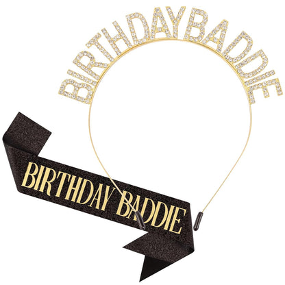 Aprince Birthday Baddie Sash and Tiara Crown for Women Girls Black Gold Happy Birthday Headband Accessiores Party Decorations