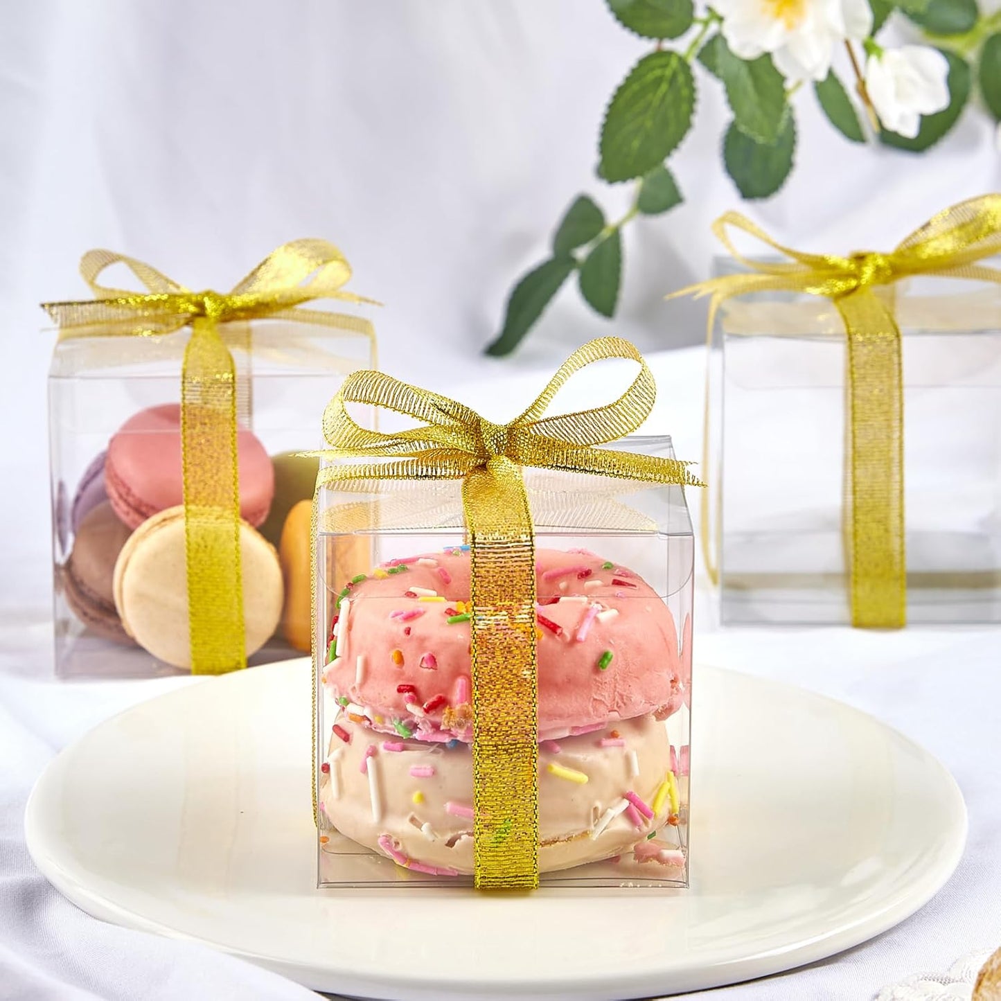 JOERSH 2x2x2 Inches Clear Boxes for Favors with Gift Ribbons, 60 PCS Mini Transparent Cube Wedding Baby Shower Birthday Party Favor Boxes, Small Gifts Display Individual Macaron Box