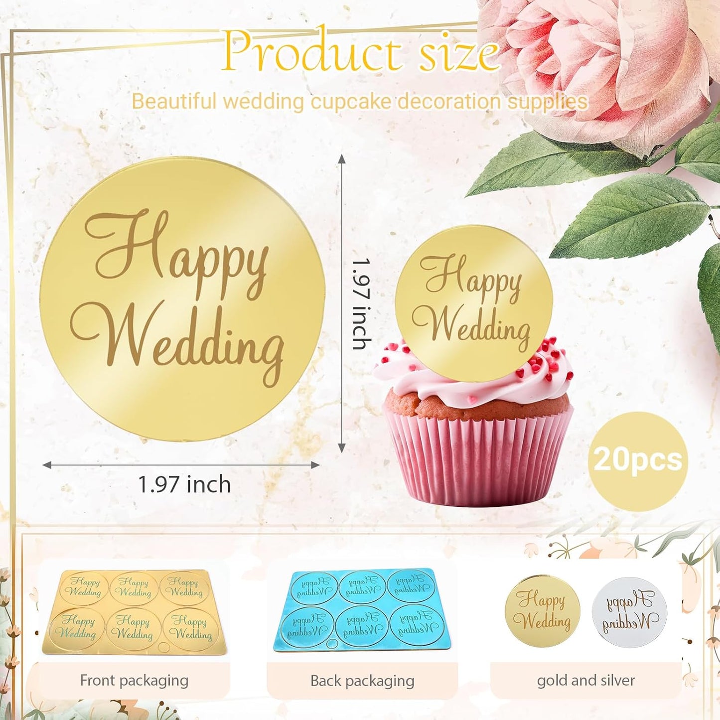20pcs Gold Mirror Acrylic Happy Birthday Cupcake Toppers Round Engraved Cake Picks Happy Birthday Cake Toppers for DIY Birthday Gift Flower Bouquet Pastries Desserts Decor