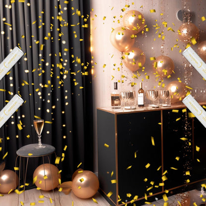 12" Black Gold Confetti Cannon Party Poppers for Birthday Graduation Wedding Retirement New Year Celebrations - Easy to Use, Pack of 2