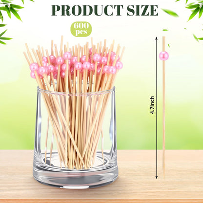 Reallnaive 600 Pcs Cocktail Pick Pearl Fancy Toothpick for Appetizer 4.7 Inch Long Skewer for Drink Fruit Food Bamboo Stick Wedding Bridal Shower Decoration Charcuterie Accessories (White)