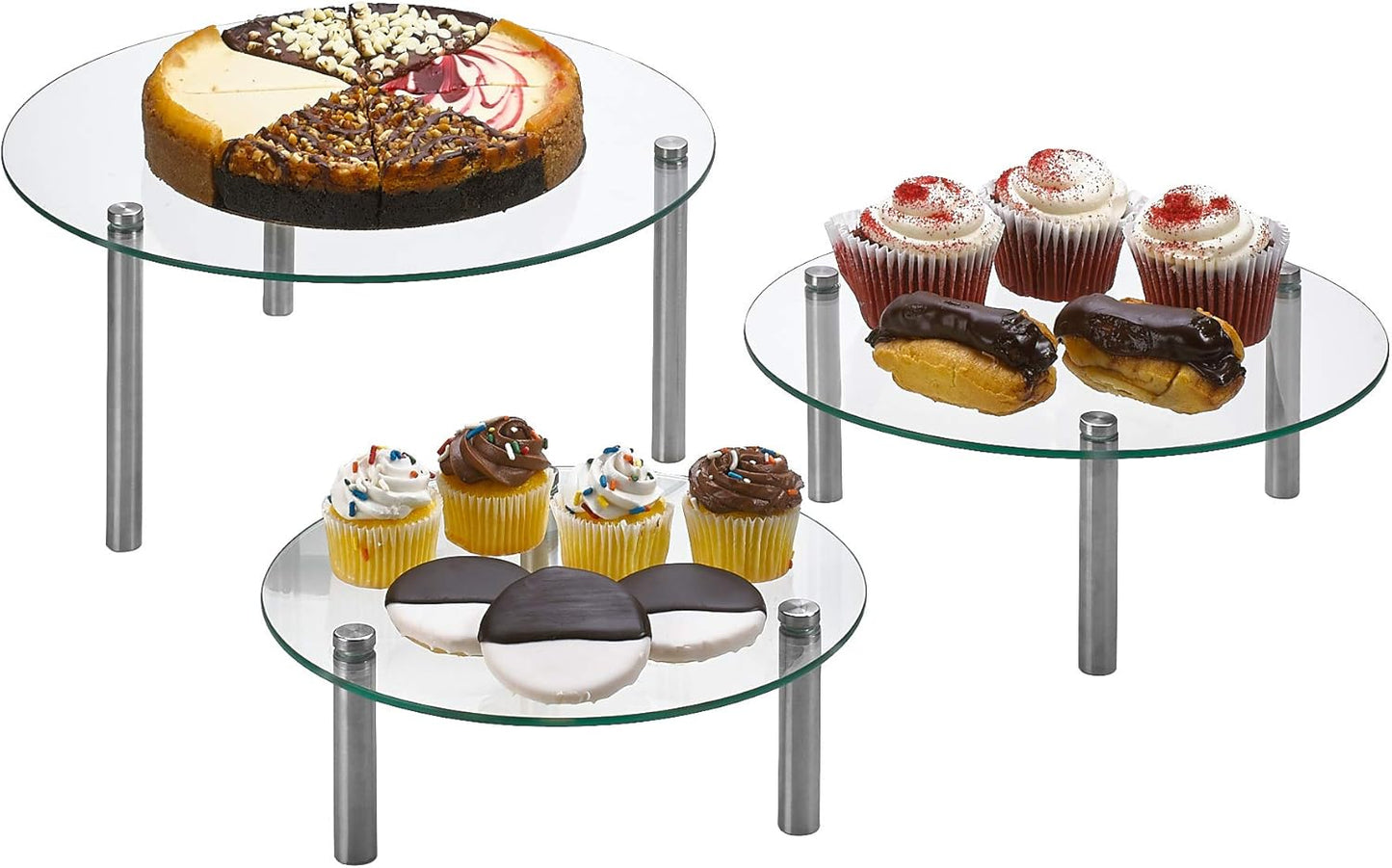 3 Tier Round Tempered Glass Display Stand 9, 11, 13” for Cake, Cupcakes, Desserts, Bakery, Appetizers – Set of 3 Glass Retail Display Raiser. (Clear)