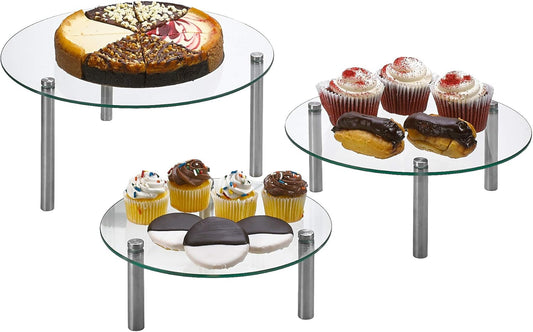 3 Tier Round Tempered Glass Display Stand 9, 11, 13” for Cake, Cupcakes, Desserts, Bakery, Appetizers – Set of 3 Glass Retail Display Raiser. (Clear)