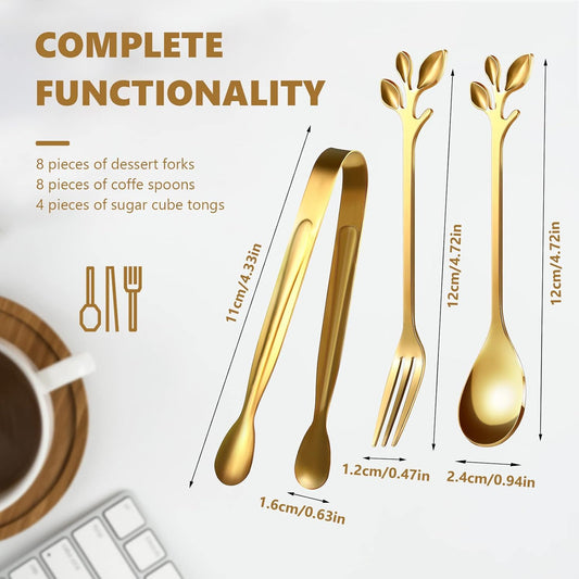 Sieral 10 Pieces Leaf Coffee Spoons, Mini Serving Tongs and Appetizer Forks Stainless Steel Sugar Cube Tongs Dessert Spoons Metal Dinner Forks for Dessert Coffee Tea (Silver)