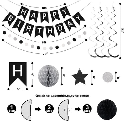 meowtastic Birthday Decorations, Happy Birthday Banner with Honeycomb Balls, Stars Hanging Swirl Streamers, Circle Dots Garland, Happy Birthday Party Decorations for Women Men Boys Girls (Blue)
