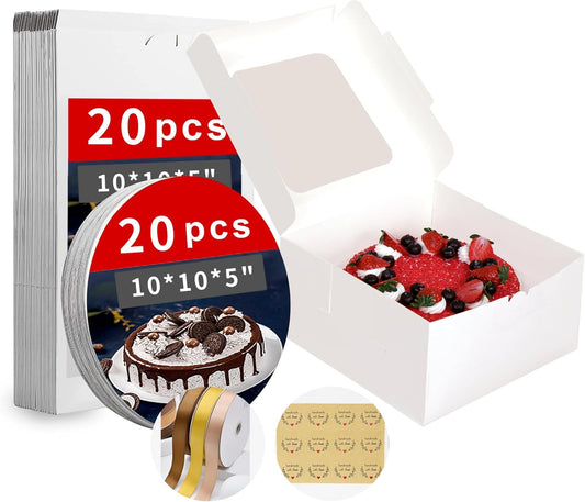 Zzrywuty White 10x10x5 Inches Cake Box with Cake Boards (60Pcs,30Pcs Boxes and 30Pcs Boards) Bakery Boxes with Clear Window for Cake,Dessert,Cookie,Birthday,Party,Wedding