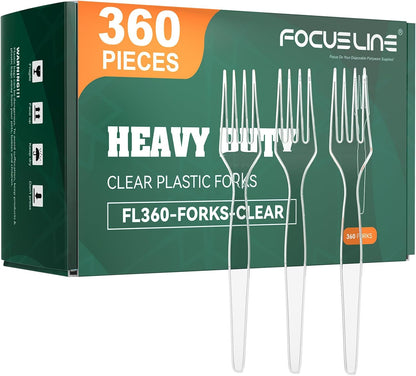 FOCUSLINE 360 Count Clear Plastic Silverware, 120 Forks, Knives and Spoons Each, BPA-Free, Heavy Duty Disposable Cutlery Set, Premium Disposable Flatware Plastic Utensils for Party Everyday Use