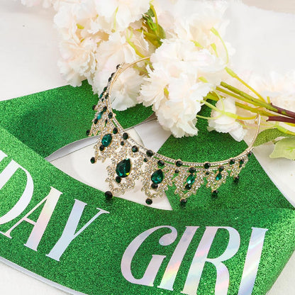 Silver Birthday Crown Headband with Sash for Women - Rhinestone Tiara for Birthday Parties