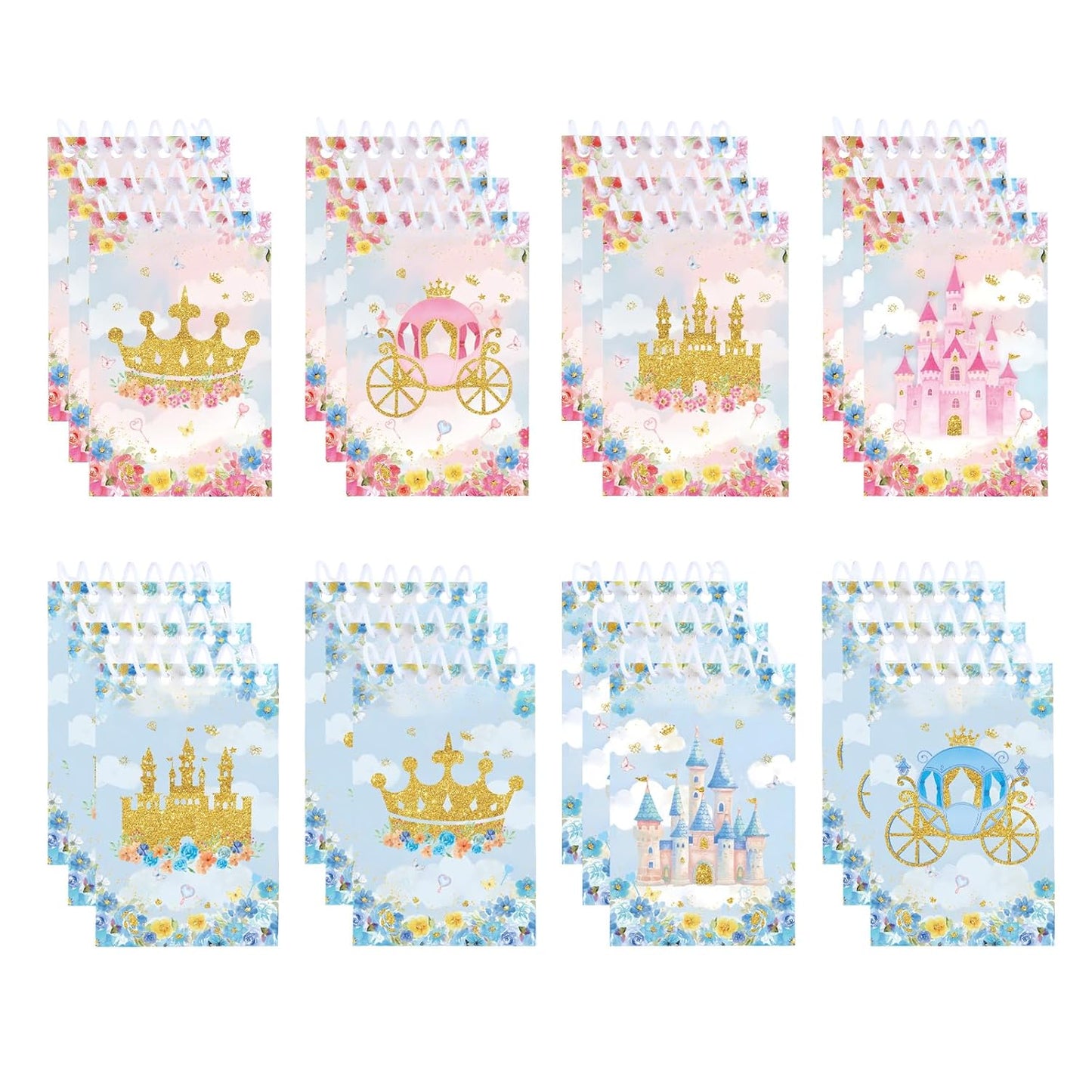24Pcs Princess&Prince Castle Mini Spiral Notebooks Party Supplies Blue Pink Mini Notepad Pocket Journal Gifts for Kids Boys Girls Birthday Party Decorations Teacher Rewards Classroom School Supply