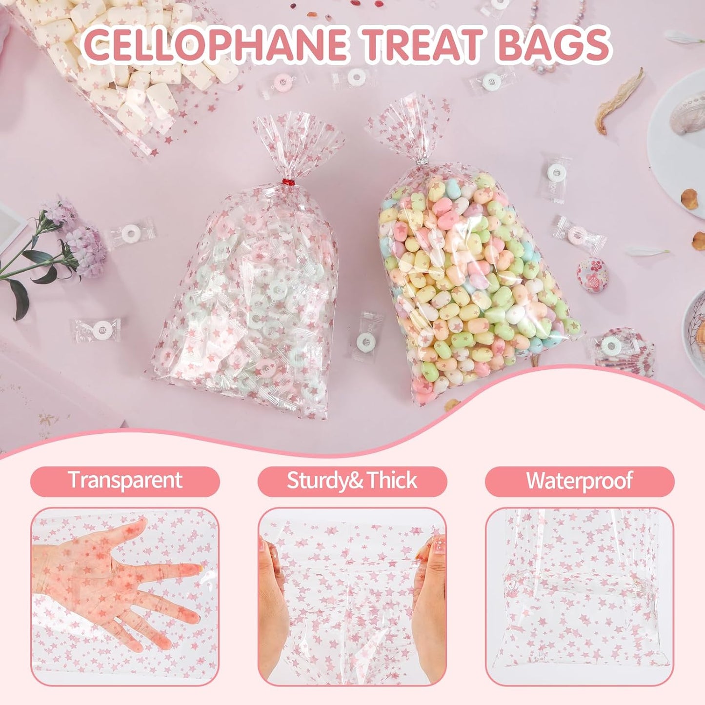100 Pcs Star Printed 5"X 7" Gift Wrap Cello Cellophane Treat Bags Party Favor bags Clear Candy Cookie Bag Plastic Poly Goodie Storage Bag with Twist Ties for Bakery,Birthday, Wedding ,Party Decorations (Gold)