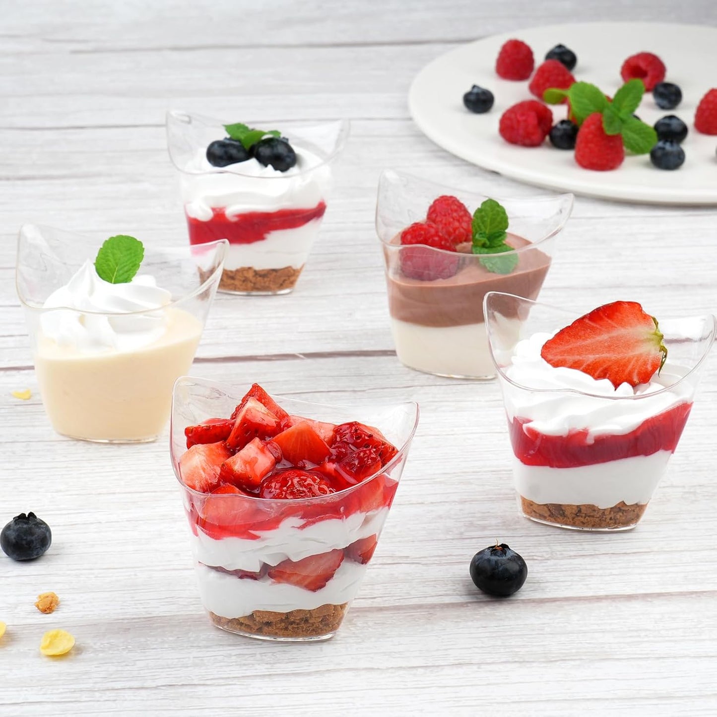 50 Pack Mini Slanted Dessert Cups with Spoons - 2.2 oz Plastic Parfait Cups Reusable Shooter Glasses Small Serving Cups for Tasting Party Desserts Appetizer
