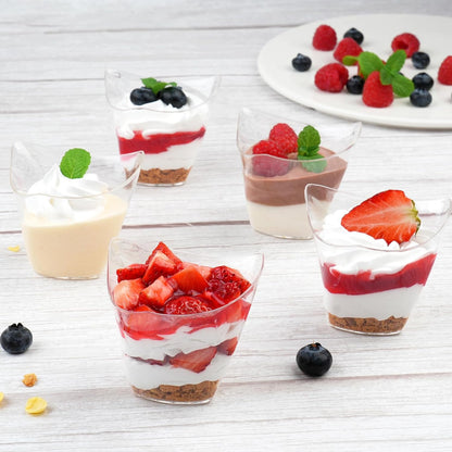 50 Pack Mini Slanted Dessert Cups with Spoons - 2.2 oz Plastic Parfait Cups Reusable Shooter Glasses Small Serving Cups for Tasting Party Desserts Appetizer