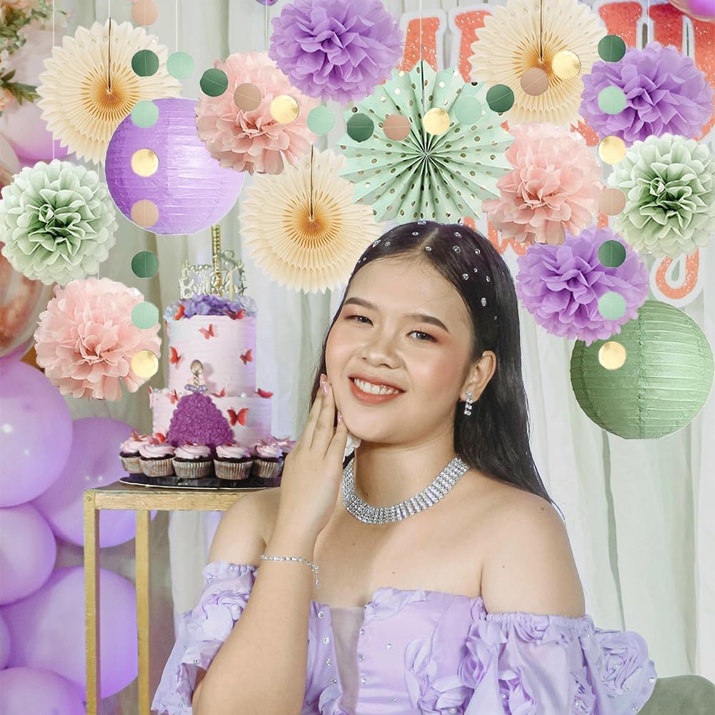 Sage Green and Purple Party Decorations Baby Shower Girl Decorations Sage Green Purple Pink Birthday Party Light Purple Blush Pink Tissue Paper Pom Poms Beige Fans Kit for Wedding Engagement