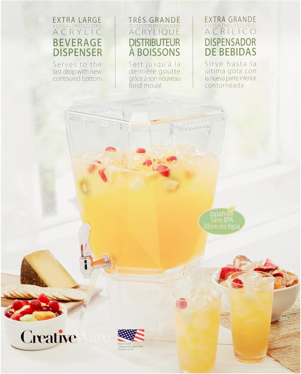 CreativeWare Crown Beverage Dispenser with Base and Name Clip, 3.5 gallon, Clear