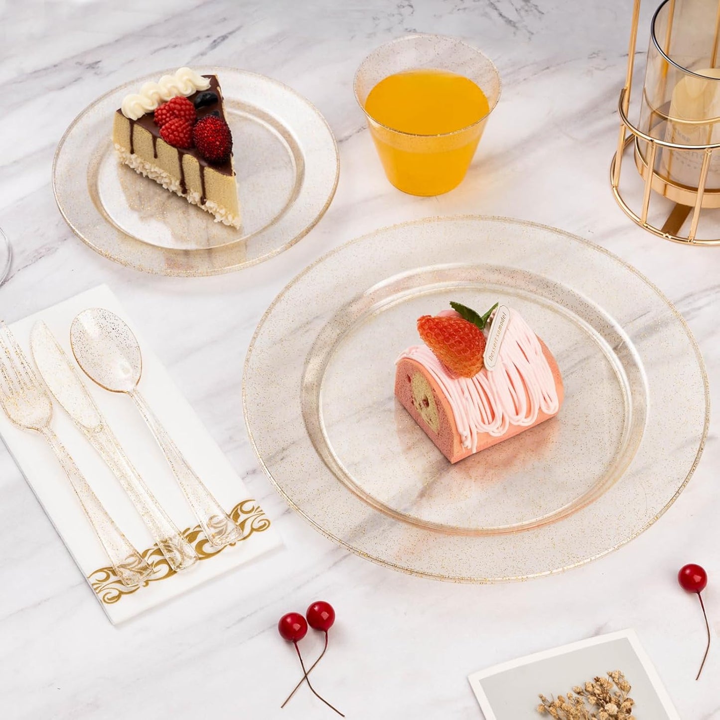 Goodluck 350 Pieces Gold Dinnerware Set for 50 Guests, Plastic Plates Disposable for Party, Include: 50 Gold Rim Dinner Plates, 50 Dessert Plates, 50 Paper Napkins, 50 Cups, 50 Gold Silverware Set