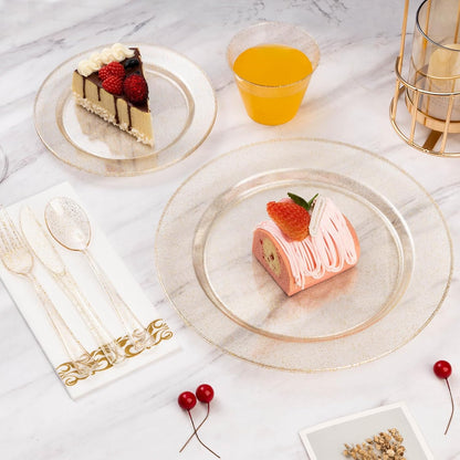 Goodluck 350 Pieces Gold Dinnerware Set for 50 Guests, Plastic Plates Disposable for Party, Include: 50 Gold Rim Dinner Plates, 50 Dessert Plates, 50 Paper Napkins, 50 Cups, 50 Gold Silverware Set