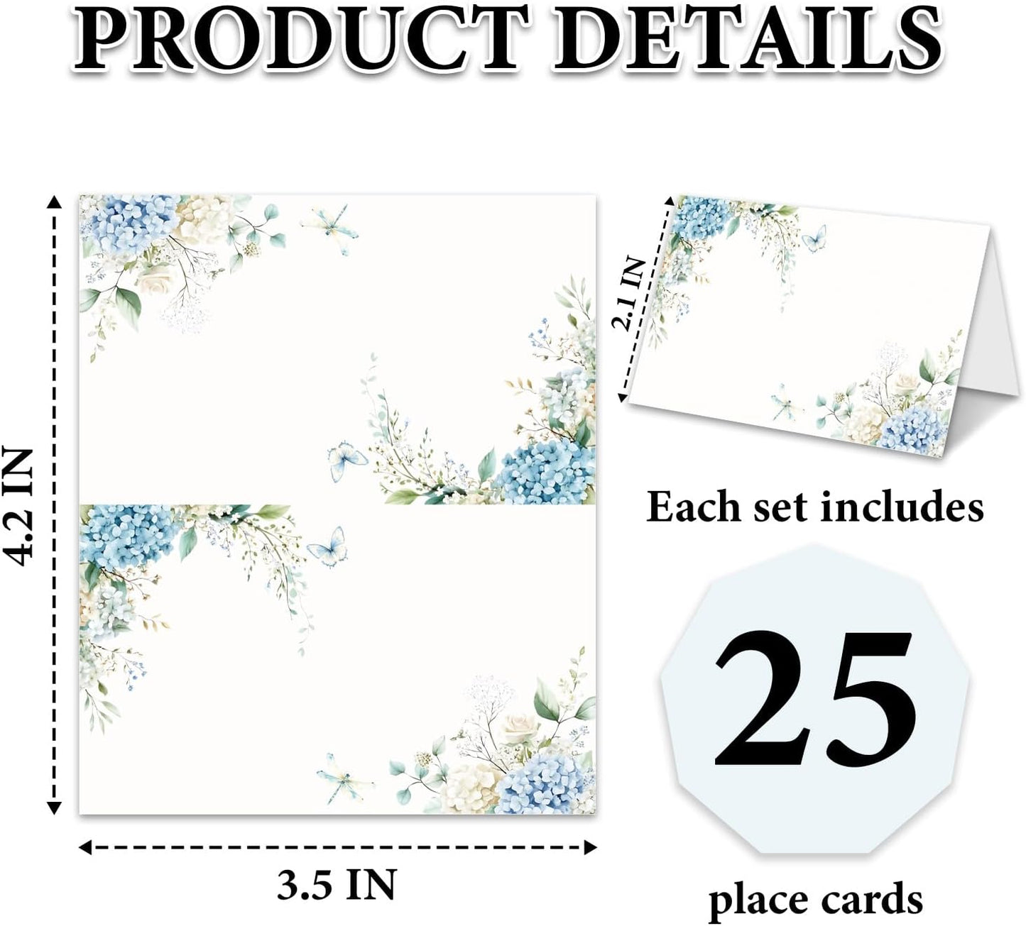 Blue Floral Place Cards for Table Setting, Birthday Baby Shower Folded Tent Cards Wedding Seating Cards for Bridal Shower, Anniversary, Engagement Food Name Card for Party Decoration, 25pcs /A10