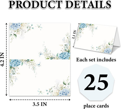 Blue Floral Place Cards for Table Setting, Birthday Baby Shower Folded Tent Cards Wedding Seating Cards for Bridal Shower, Anniversary, Engagement Food Name Card for Party Decoration, 25pcs /A10