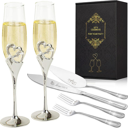 Wedding Cake Knife and Server Set with Forks, Classical Style Champagne Flutes Toasting Glasses for Bride and Groom, Wedding Gifts for Couples, Bridal Shower Gifts