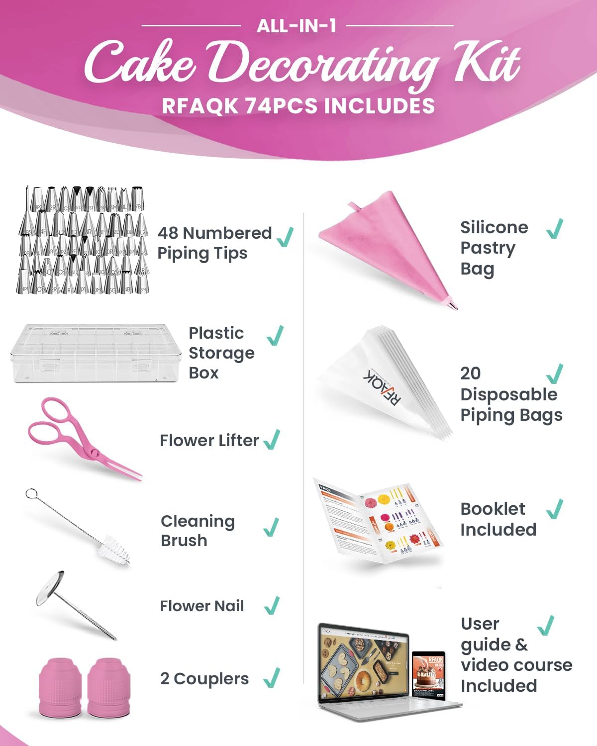 RFAQK 74 PCs Icing Piping Bags and Tips Set, Cake Decorating Kit with 48-Numbered Piping Tips, Anti Burst Pastry Bags for Cookie Cupcake Cake Decoration, Cake Decorating Tips Set with Booklet & E-book