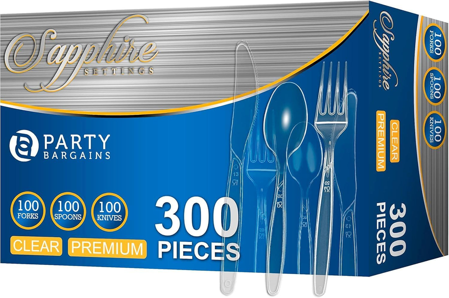 Party Bargains Disposable Cutlery set, SAPPHIRE Design, Clear Color, 360 Pieces: 180 Forks, 120 Spoons, 60 Knives