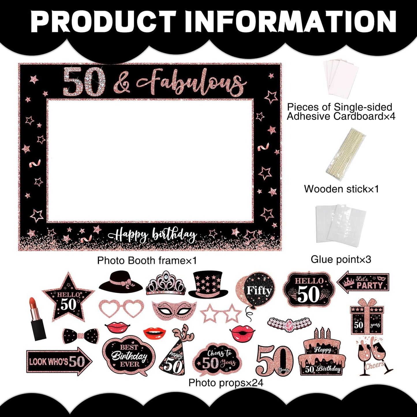 50th Birthday Decorations for Women Photo Booth Props, 25 Pcs 50th Birthday Decorations for Her Selfie Props Kit Black Rose Gold Happy Fifty Birthday Decorations Photo Booth Props