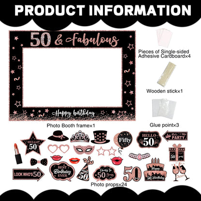 50th Birthday Decorations for Women Photo Booth Props, 25 Pcs 50th Birthday Decorations for Her Selfie Props Kit Black Rose Gold Happy Fifty Birthday Decorations Photo Booth Props