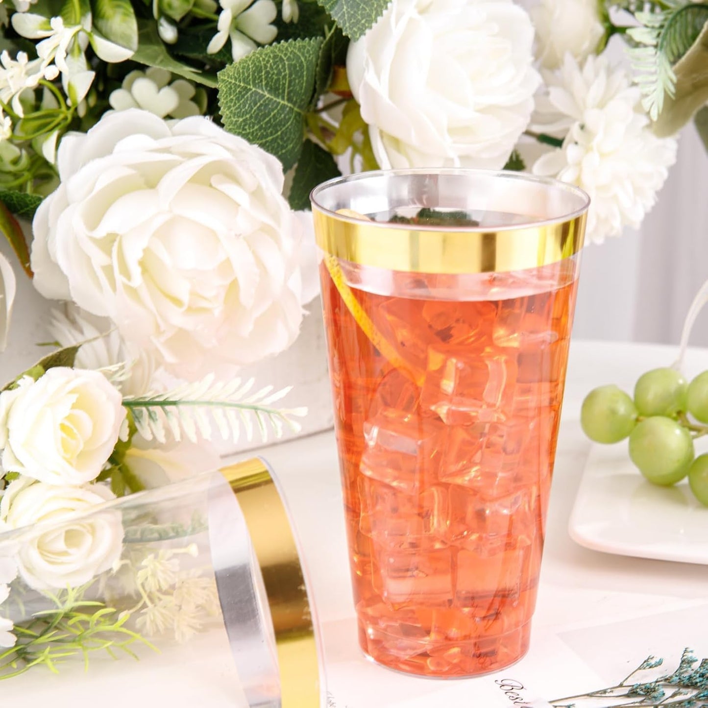 I00000 100 Pack 12 oz Gold Plastic Cups, Gold Rimmed Disposable Cups, Disposable Wine Glasses Cocktail Glasses Premium Cup with Golden Rim, 12 Ounce Plastic Tumblers for Party & Wedding