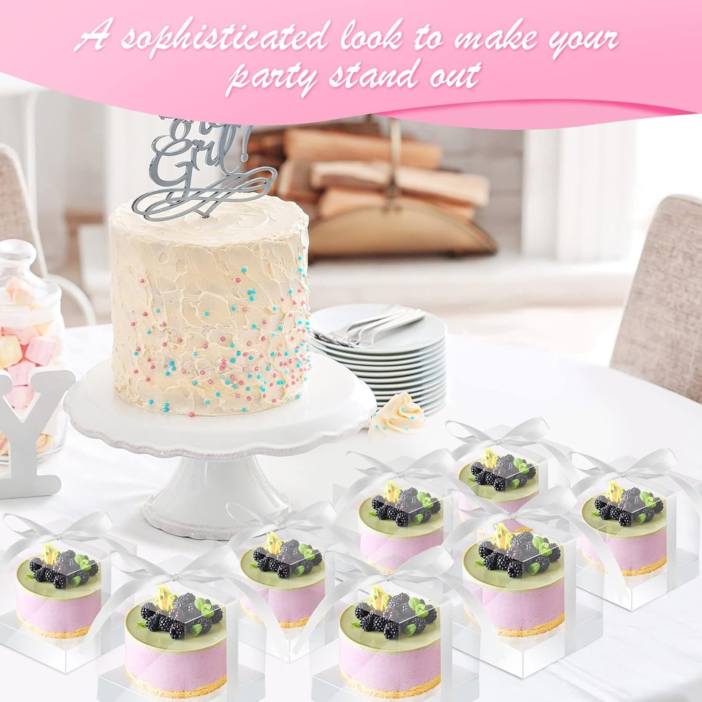 Thenshop 50 Pcs Clear Cupcake Boxes Individual 3.5 Inch Plastic Single Cupcake Containers Boxes with Inserts and Ribbon Individual Cake Storage Holders for Cake Kitchen(Dark Blue)