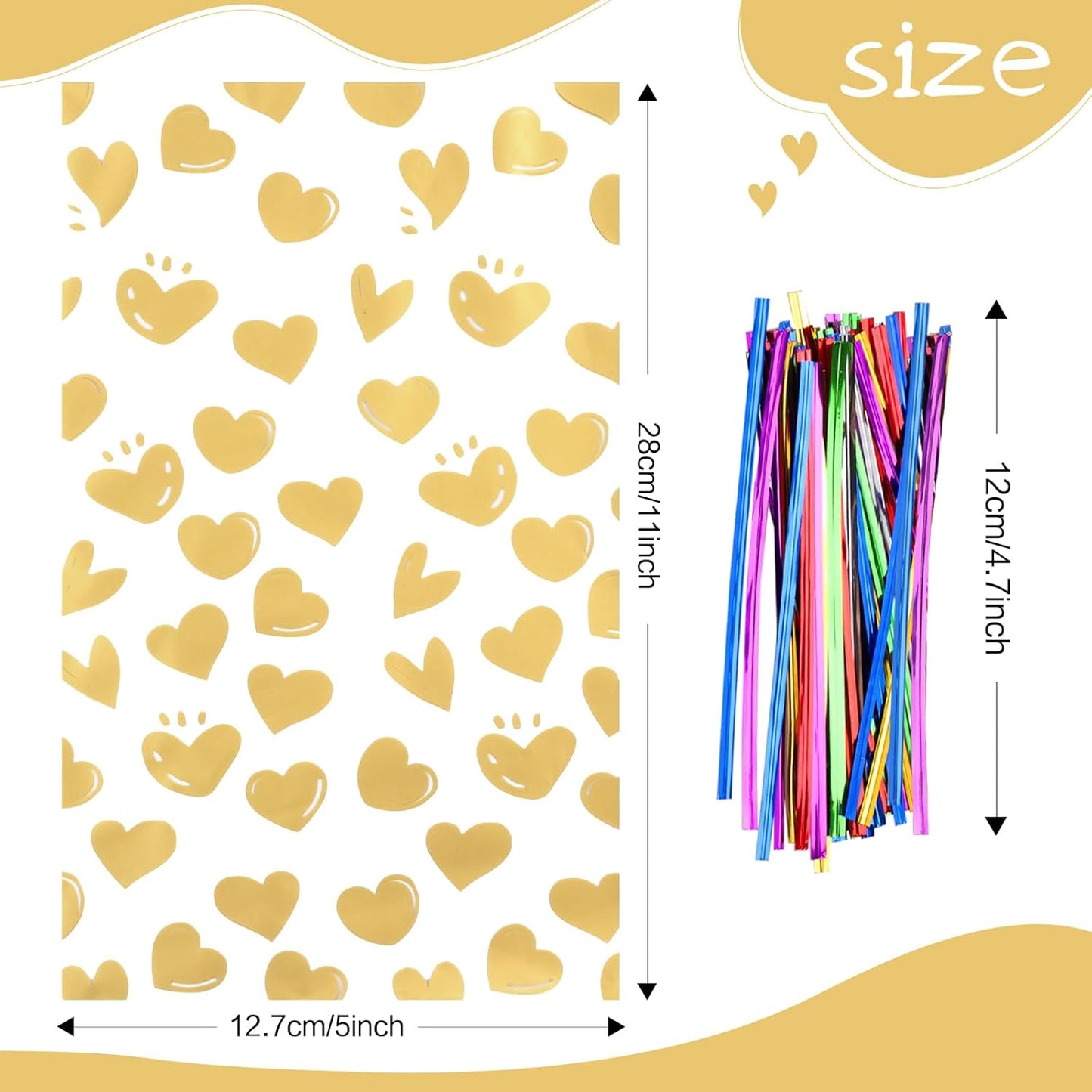 100 Pcs Star Printed 5"X 7" Gift Wrap Cello Cellophane Treat Bags Party Favor bags Clear Candy Cookie Bag Plastic Poly Goodie Storage Bag with Twist Ties for Bakery,Birthday, Wedding ,Party Decorations (Gold)