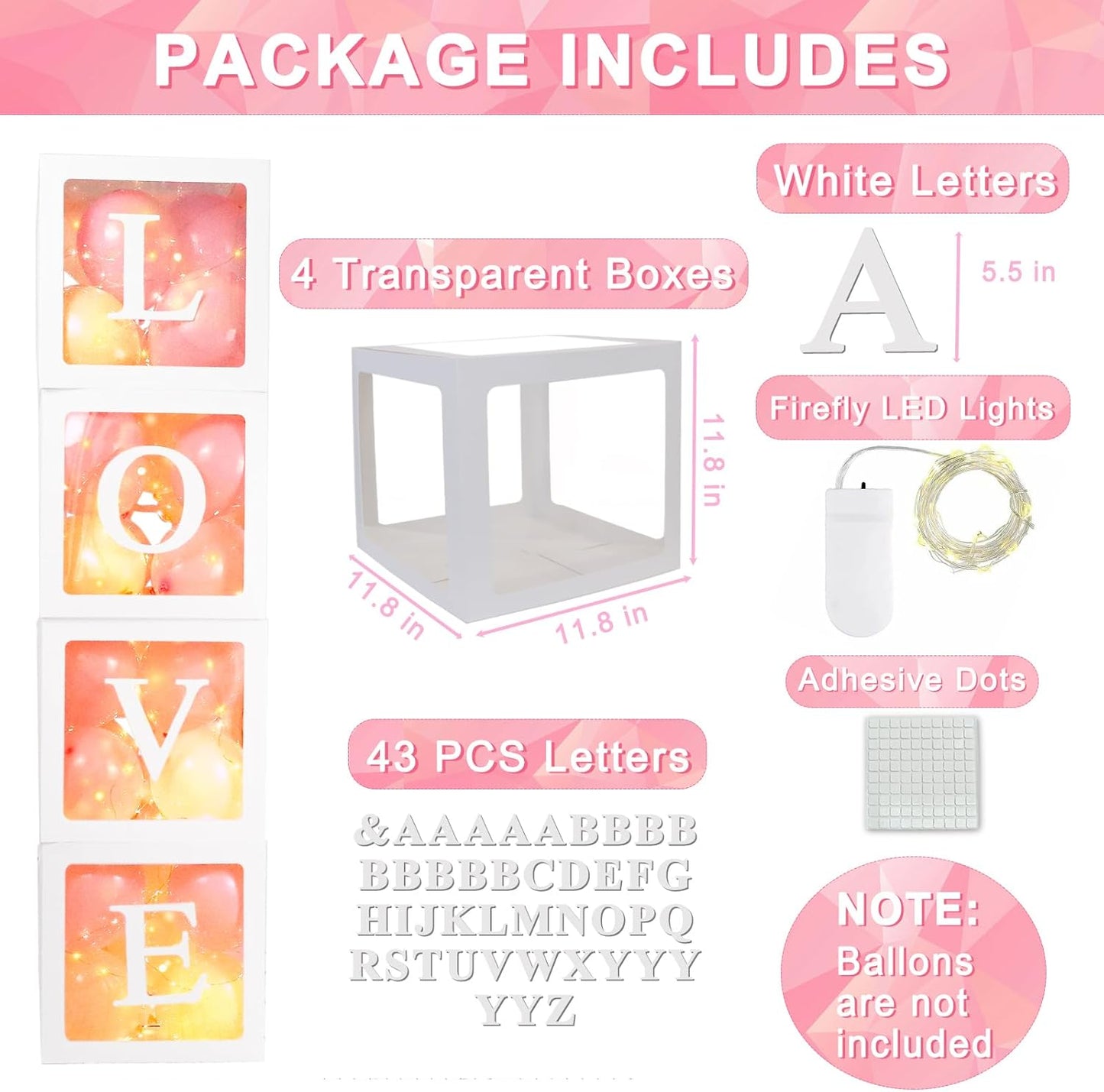 Ledido Transparent Balloon Boxes, Clear Balloon Boxes with 5 Pcs String Lights and 78 Letters for Baby Shower Gender Reveal 2026 New Year Grad Party Birthday Anniversary Bridal Decor - 5 White Boxes