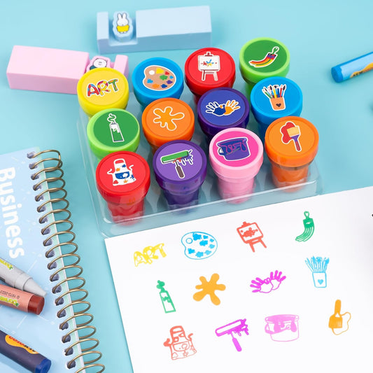 36PCS Art Party Favors - 24PCS Temporary Tattoos & 12PCS Stamps - Ideal Painting Paint Artist Themed Birthday Card Decorations Supplies Goodie Bag Cute Rewards for Boys Girls Classroom Gifts